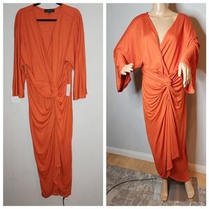 NWT Eloquii Modal Stretch Faux Wrap Knot Gathered Maxi Dress Size 16 Long Sleeve